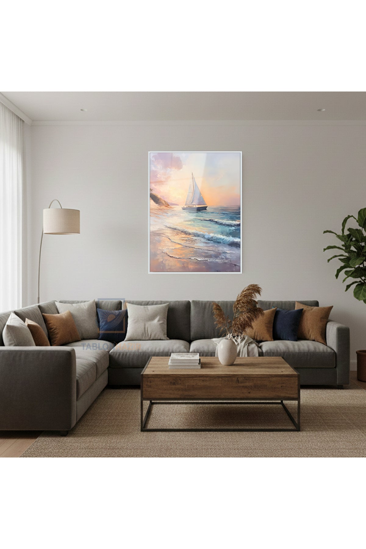 Dikey Çerçeveli Cam Kumsal Ve Yelkenli Modern Ev Dekoru Duvar Sanatı Ev Ofis Tablosu