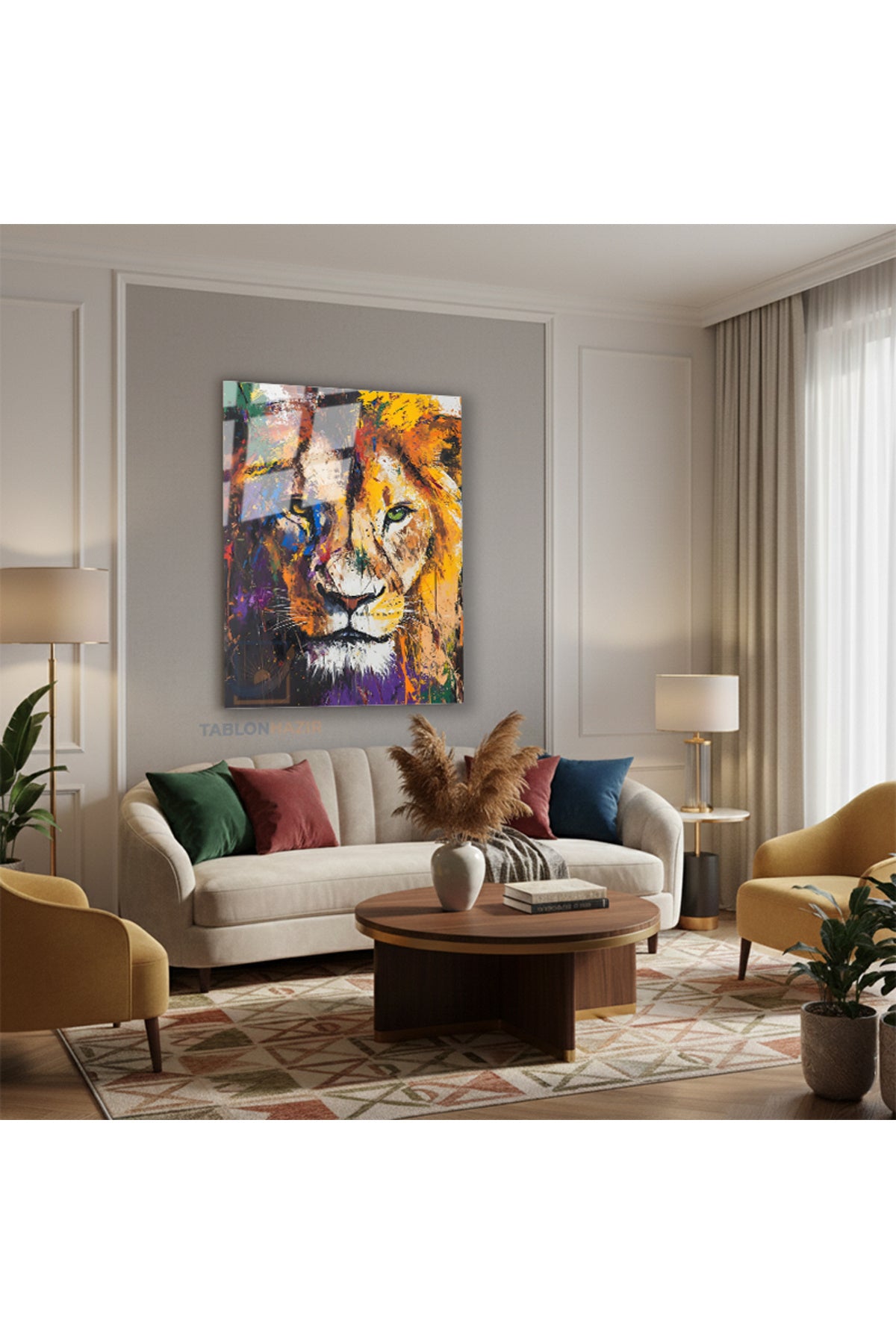 Dikey Cam Tablo Salon Duvar Tablosu Dikey Cam Aslan5 Yeni Ev Hediyesi Ofis Tablosu