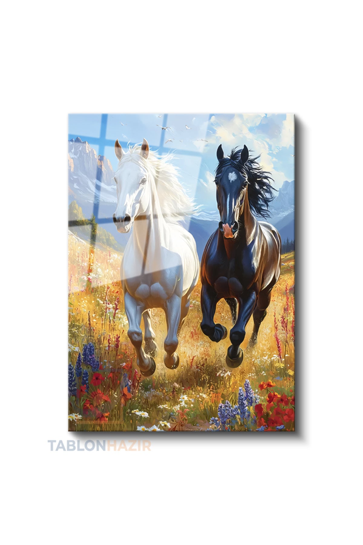 Dikey Cam Tablo Salon Duvar Tablosu Dikey Cam Siyah Beyaz Kosan Atlar Yeni Ev Hediyesi Ofis Tablosu