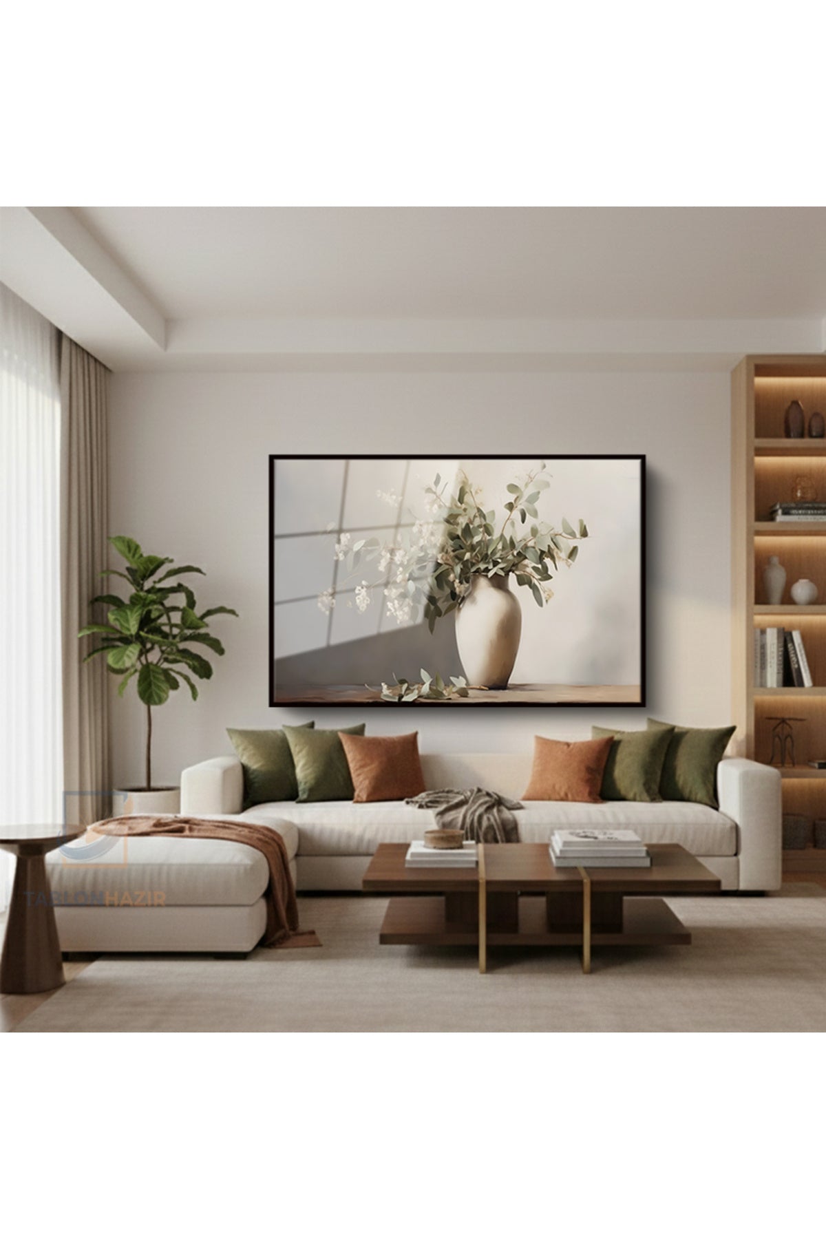 Çerçeveli Yatay Cam Tablo Salon Duvar Tablosu Yatay Cam Vazodacicekler2 Ofis Tablosu