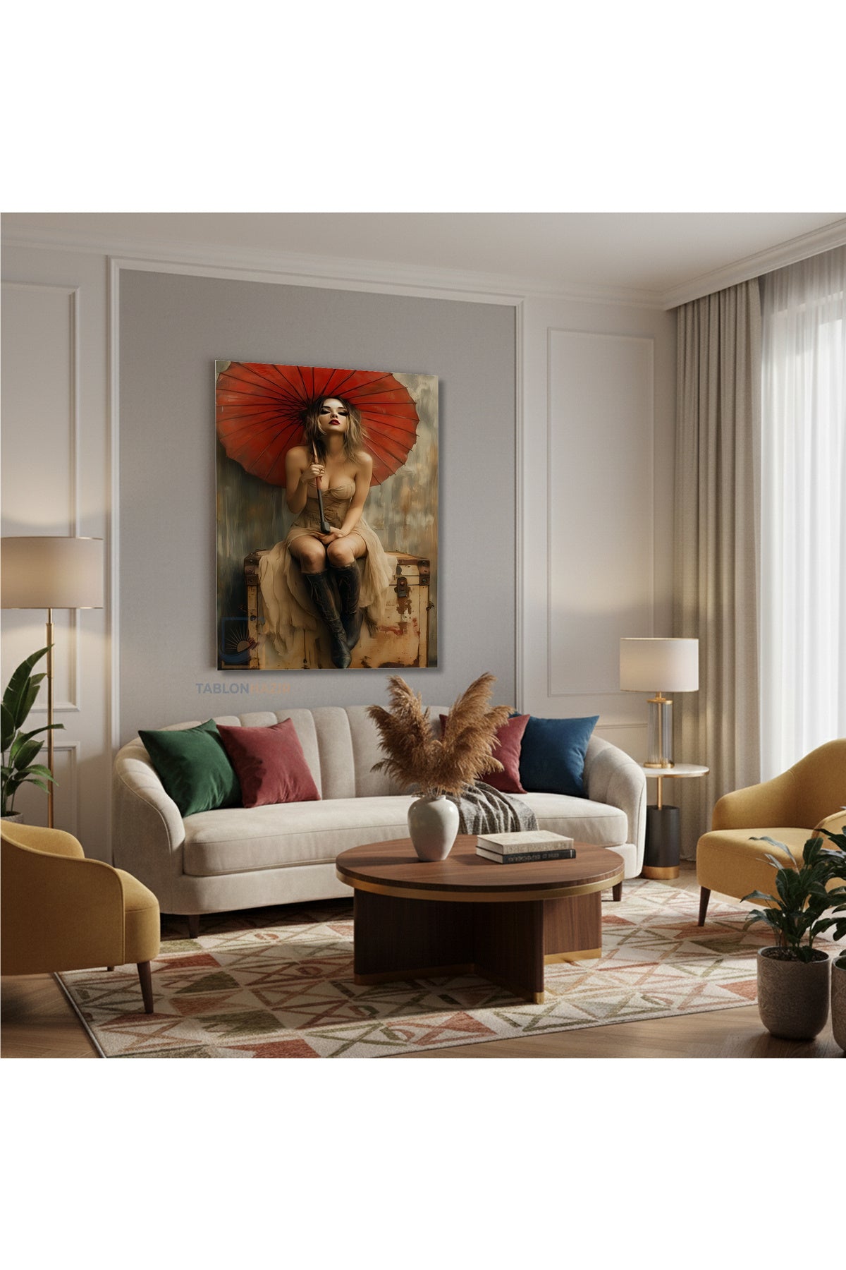 Dikey Kanvas Tablo Salon Duvar Tablosu Kirmizi Semsiyeli Kiz Yeni Ev Hediyesi Ofis Tablosu