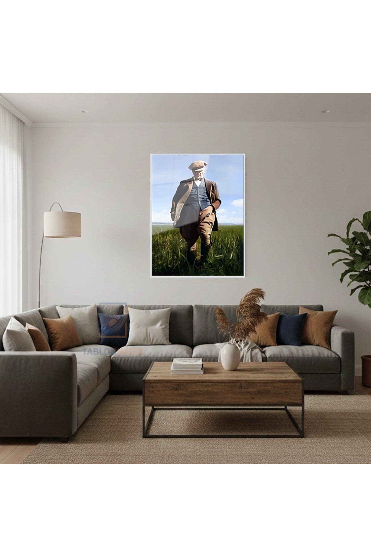 Dikey Çerçeveli Cam Tarlada Ataturk Renkli Modern Ev Dekoru Duvar Sanatı Ev Ofis Tablosu