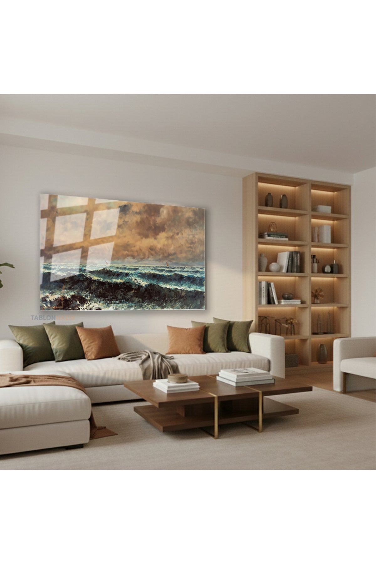 Yatay Cam Tablo Salon Duvar Tablosu Yatay Cam Klasik Dalgali Sahil Yeni Ev Hediyesi Ofis Tablosu
