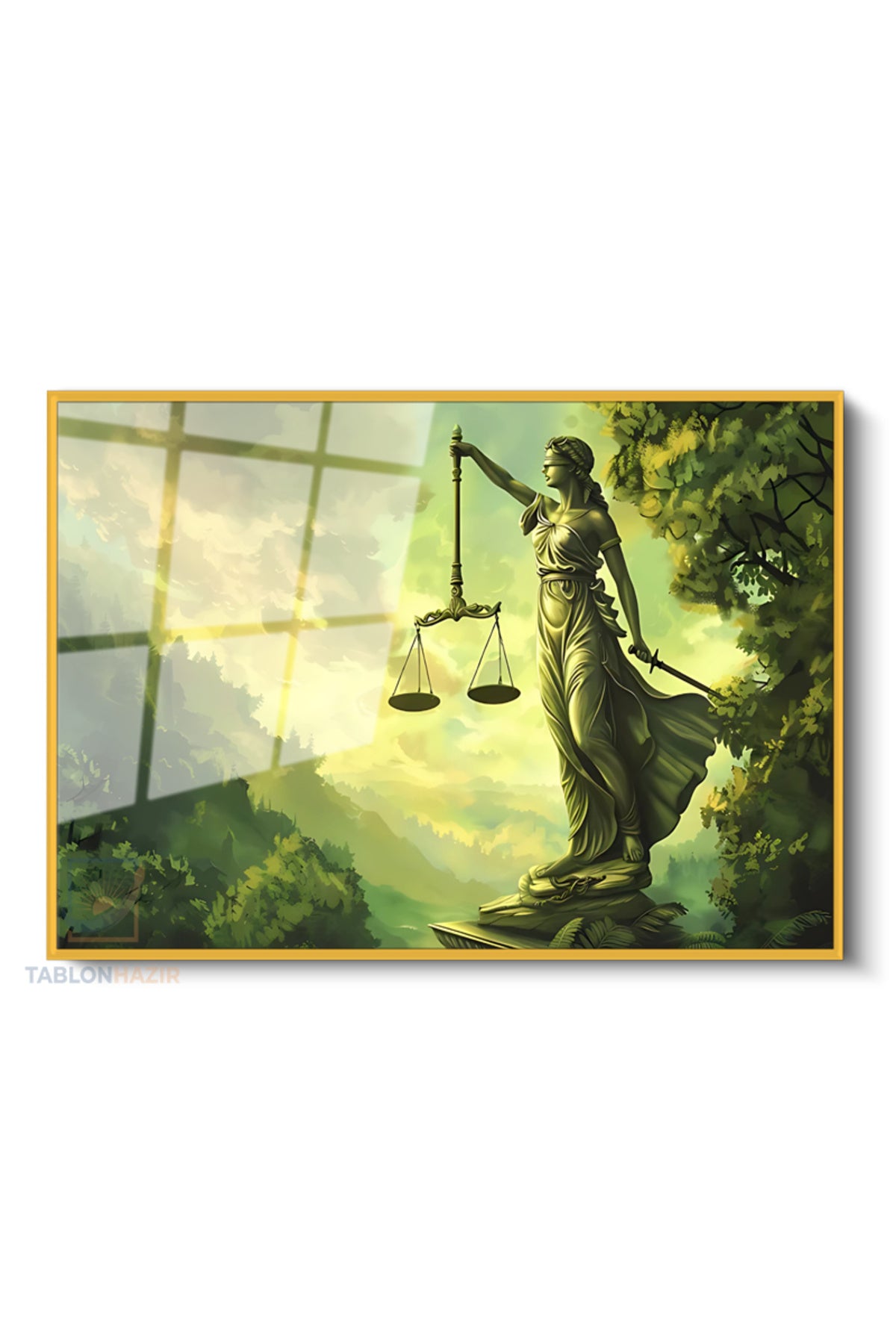 Çerçeveli Yatay Cam Tablo Salon Duvar Tablosu Yesil Hukuk Tablosu Yeni Ev Hediyesi Ofis Tablosu