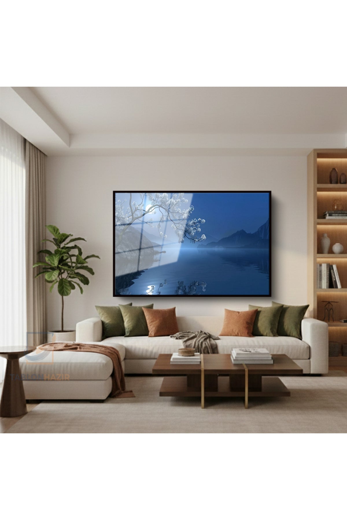 Çerçeveli Yatay Cam Tablo Salon Duvar Tablosu Yatay Cam Gecedogamanzarasi Ofis Tablosu