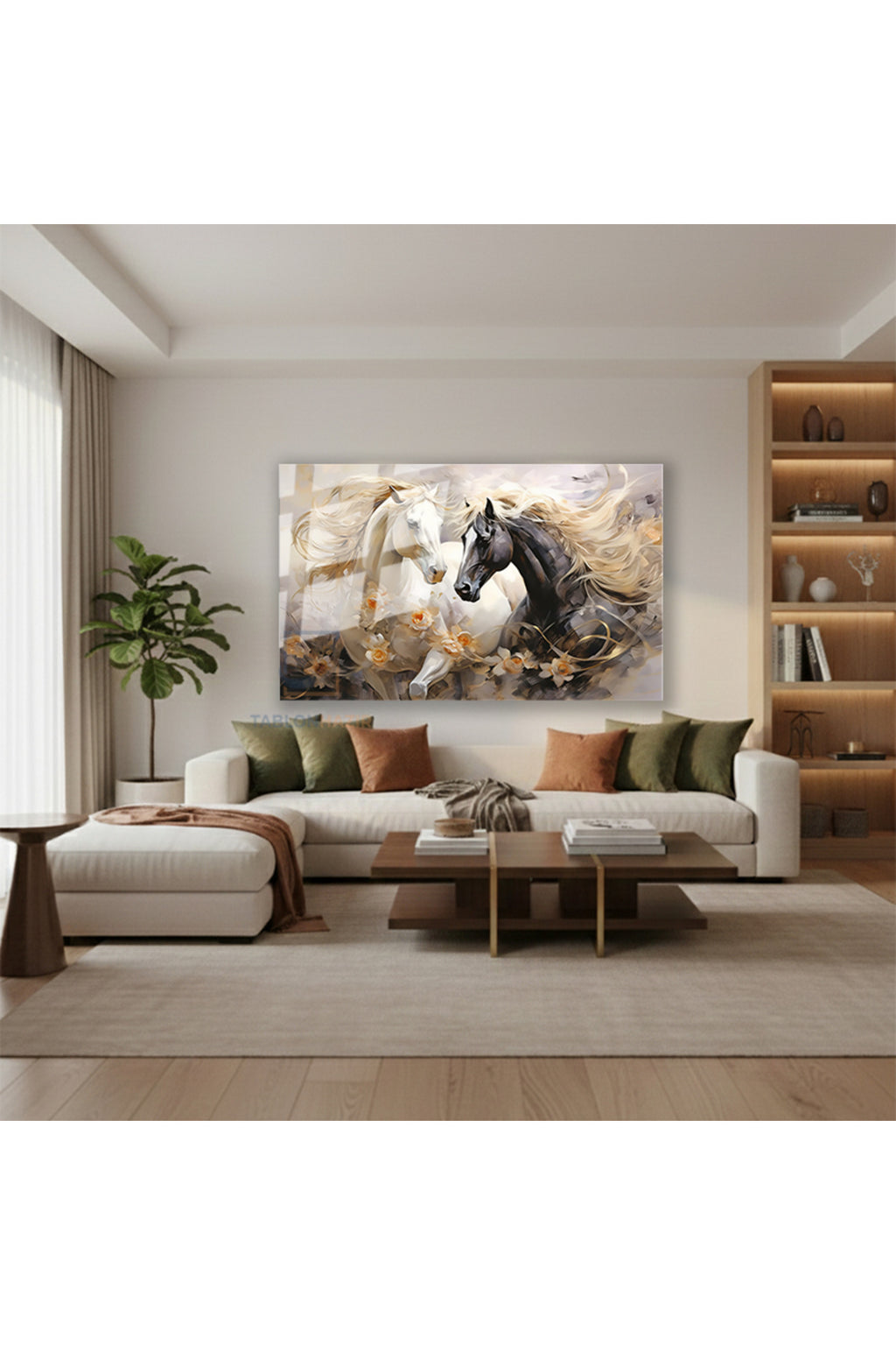 Yatay Cam Tablo Salon Duvar Tablosu Yatay Cam Cift At Siyahbeyaz Yeni Ev Hediyesi Ofis Tablosu