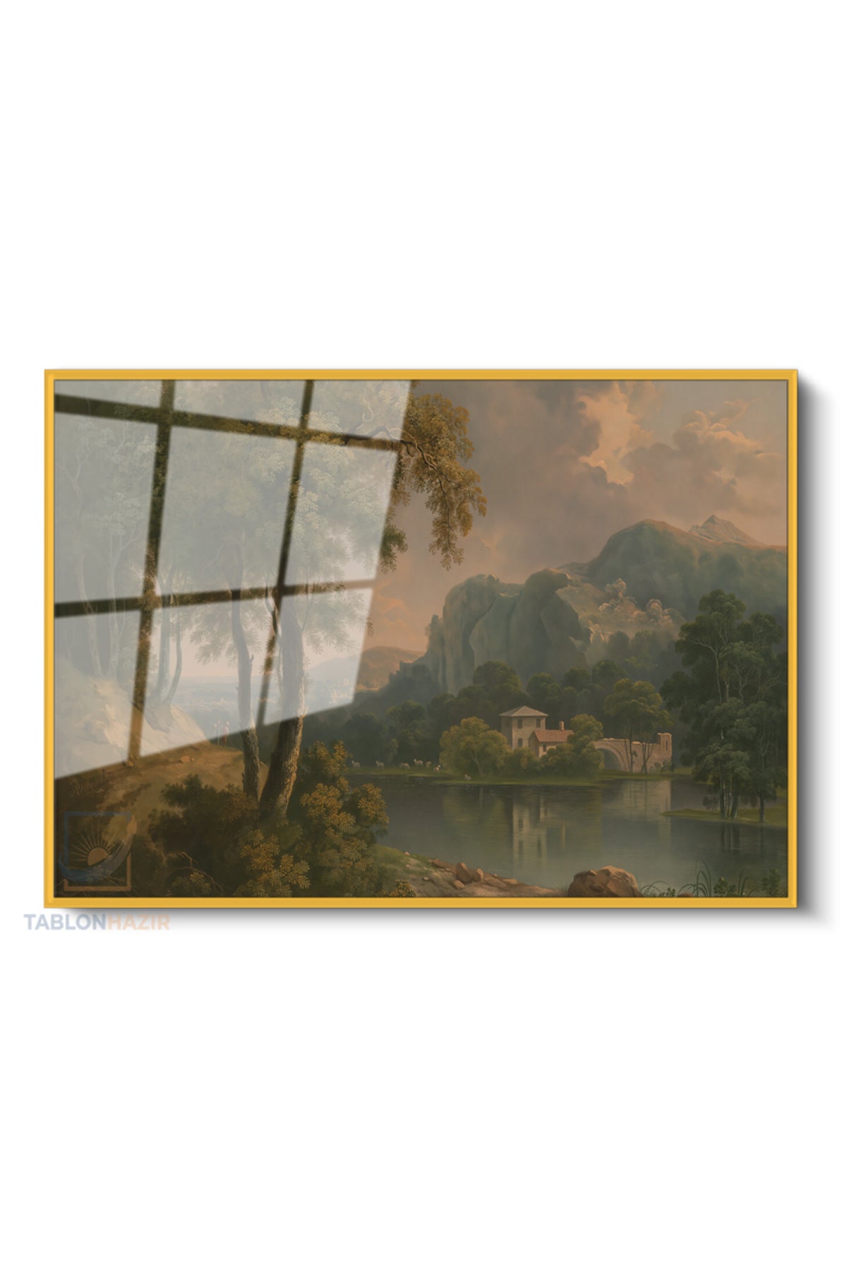 Çerçeveli Yatay Cam Tablo Salon Duvar Tablosu Yatay Cam Klasik Manzara Sonbahar Ofis Tablosu