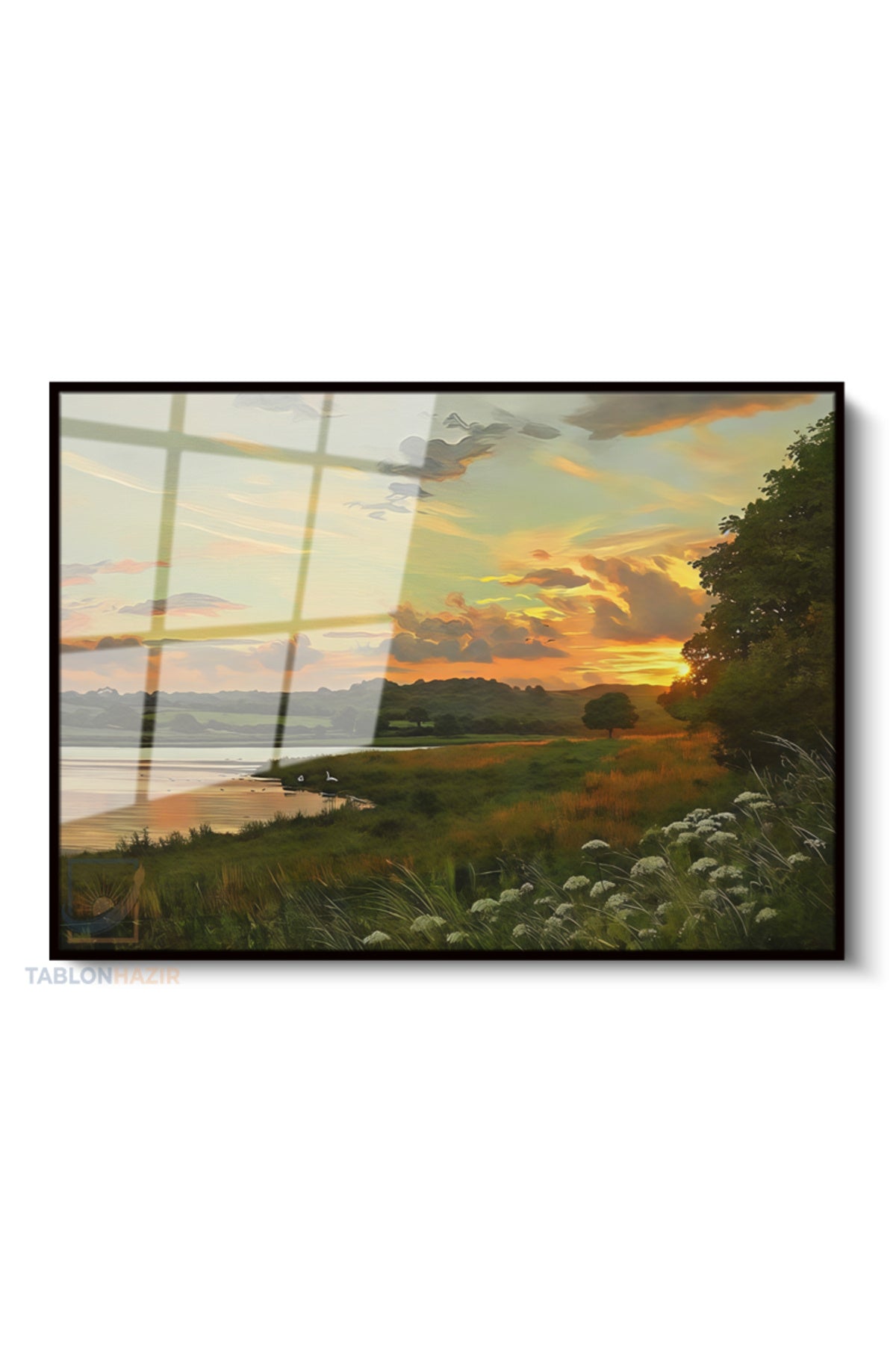 Çerçeveli Yatay Cam Tablo Salon Duvar Tablosu Yatay Cam Gunbatimi Cizim Ofis Tablosu
