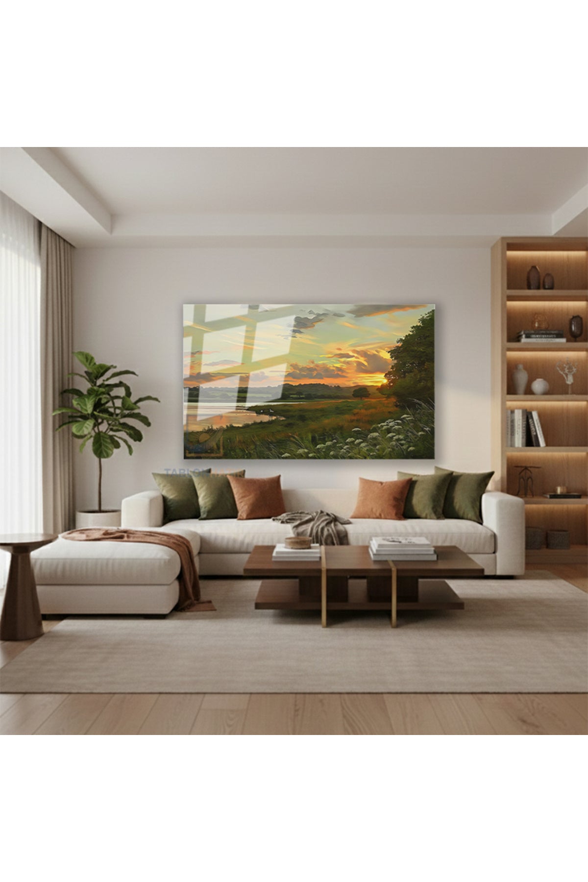 Yatay Cam Tablo Salon Duvar Tablosu Yatay Cam Gunbatimi Cizim Yeni Ev Hediyesi Ofis Tablosu