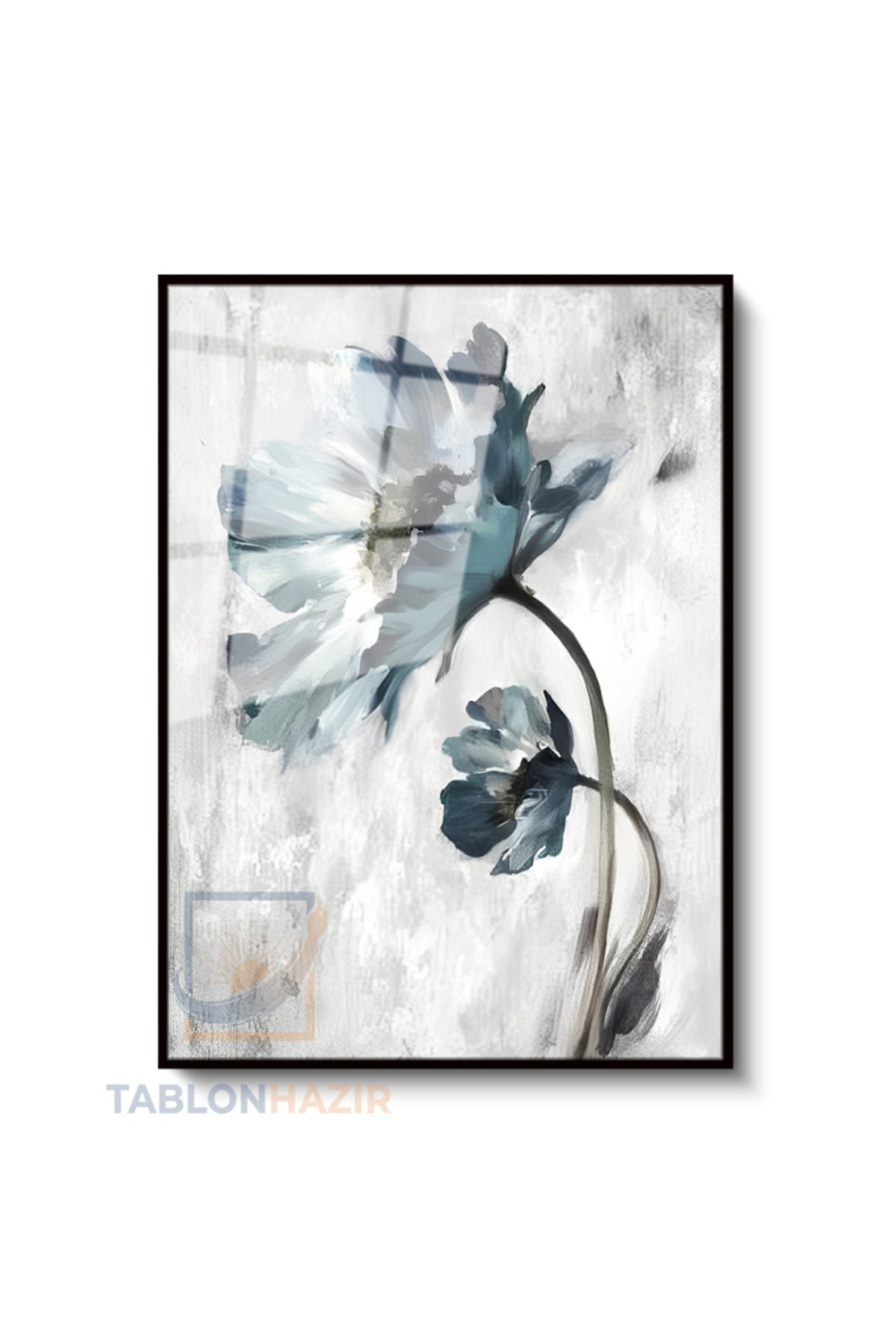 Dikey Çerçeveli Cam Soyut Mavi Cicek Modern Ev Dekoru Duvar Sanatı Ev Ofis Tablosu