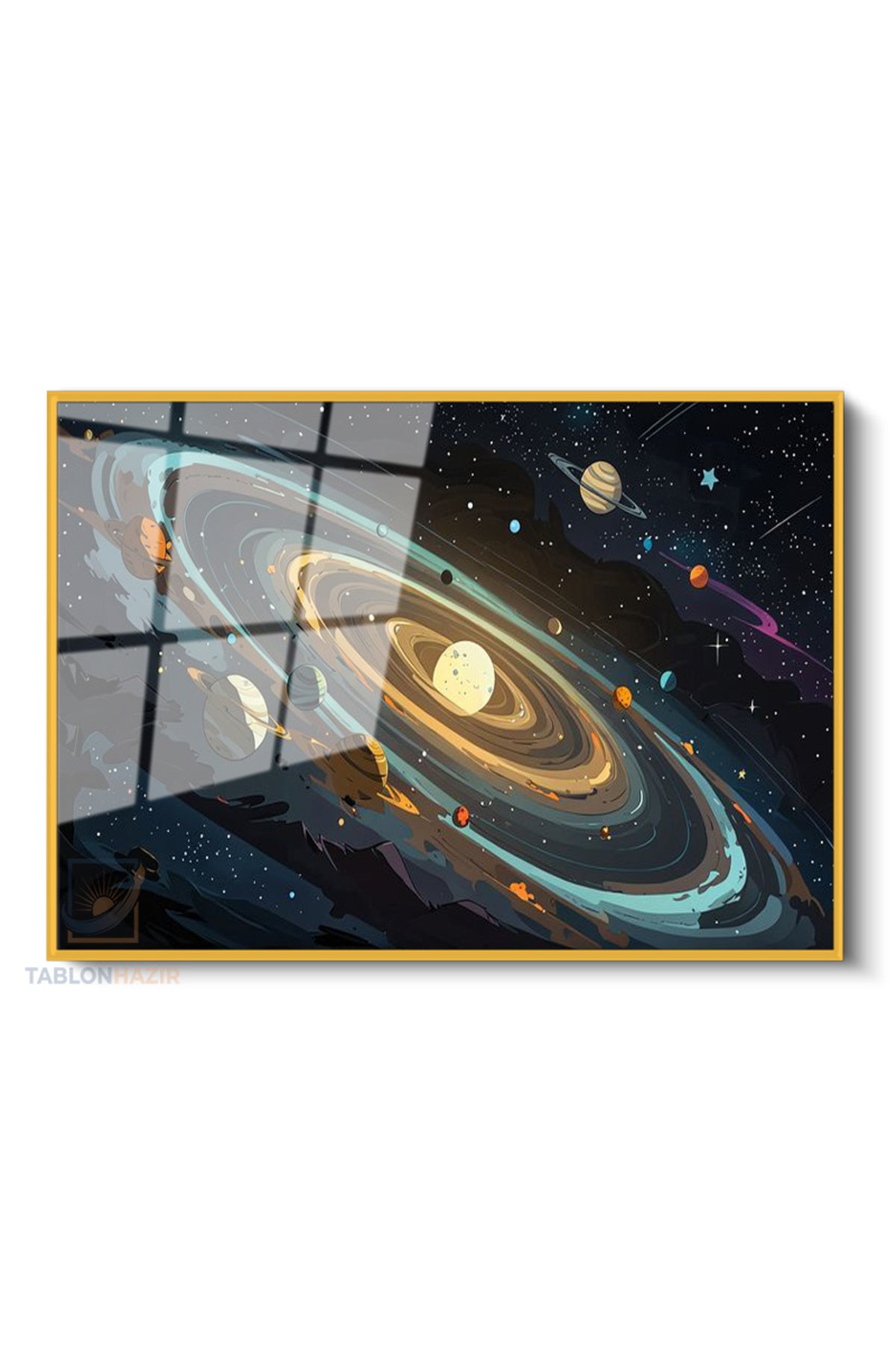 Çerçeveli Yatay Cam Tablo Salon Duvar Tablosu Yatay Cam Evren Cizimi Yeni Ev Hediyesi Ofis Tablosu