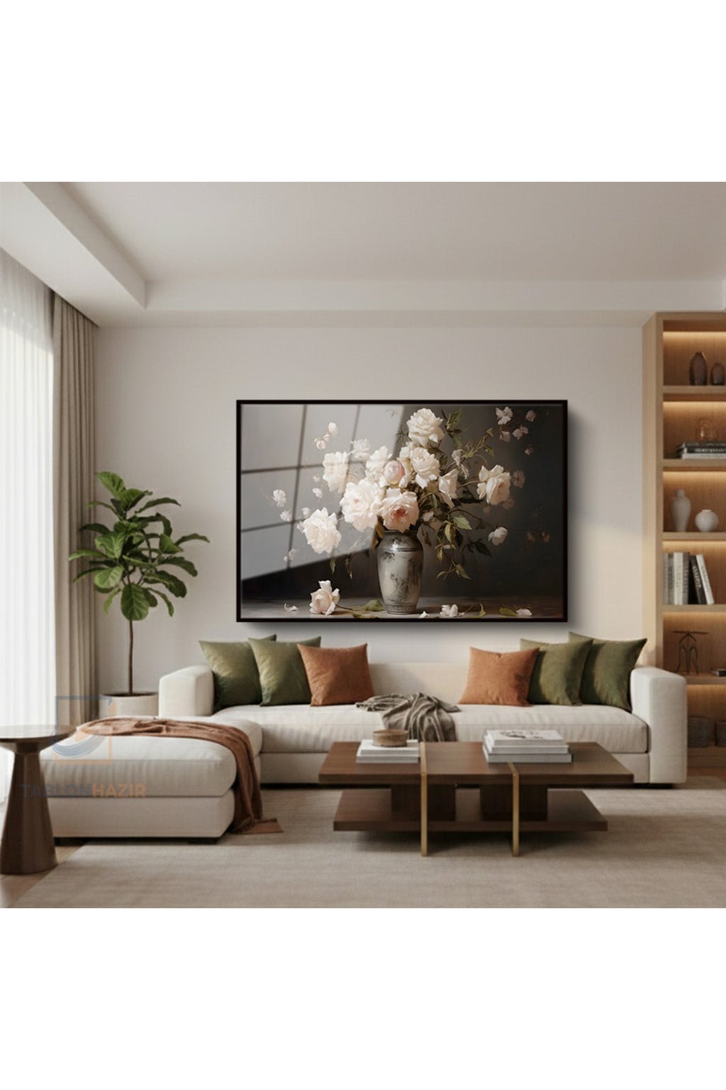 Çerçeveli Yatay Cam Tablo Salon Duvar Tablosu Yatay Cam Vazodabeyazguller Ofis Tablosu