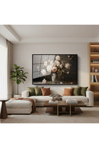 Çerçeveli Yatay Cam Tablo Salon Duvar Tablosu Yatay Cam Vazodabeyazguller Ofis Tablosu