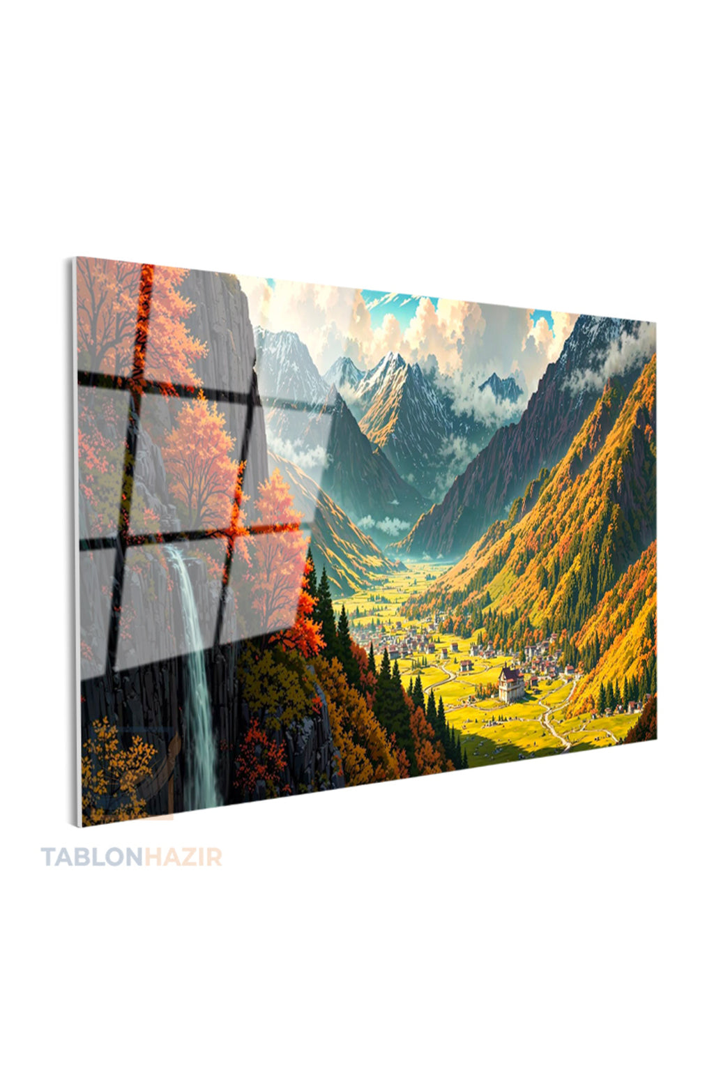 Yatay Cam Tablo Salon Duvar Tablosu Yatay Cam Selale Yaninda Sehir Yeni Ev Hediyesi Ofis Tablosu