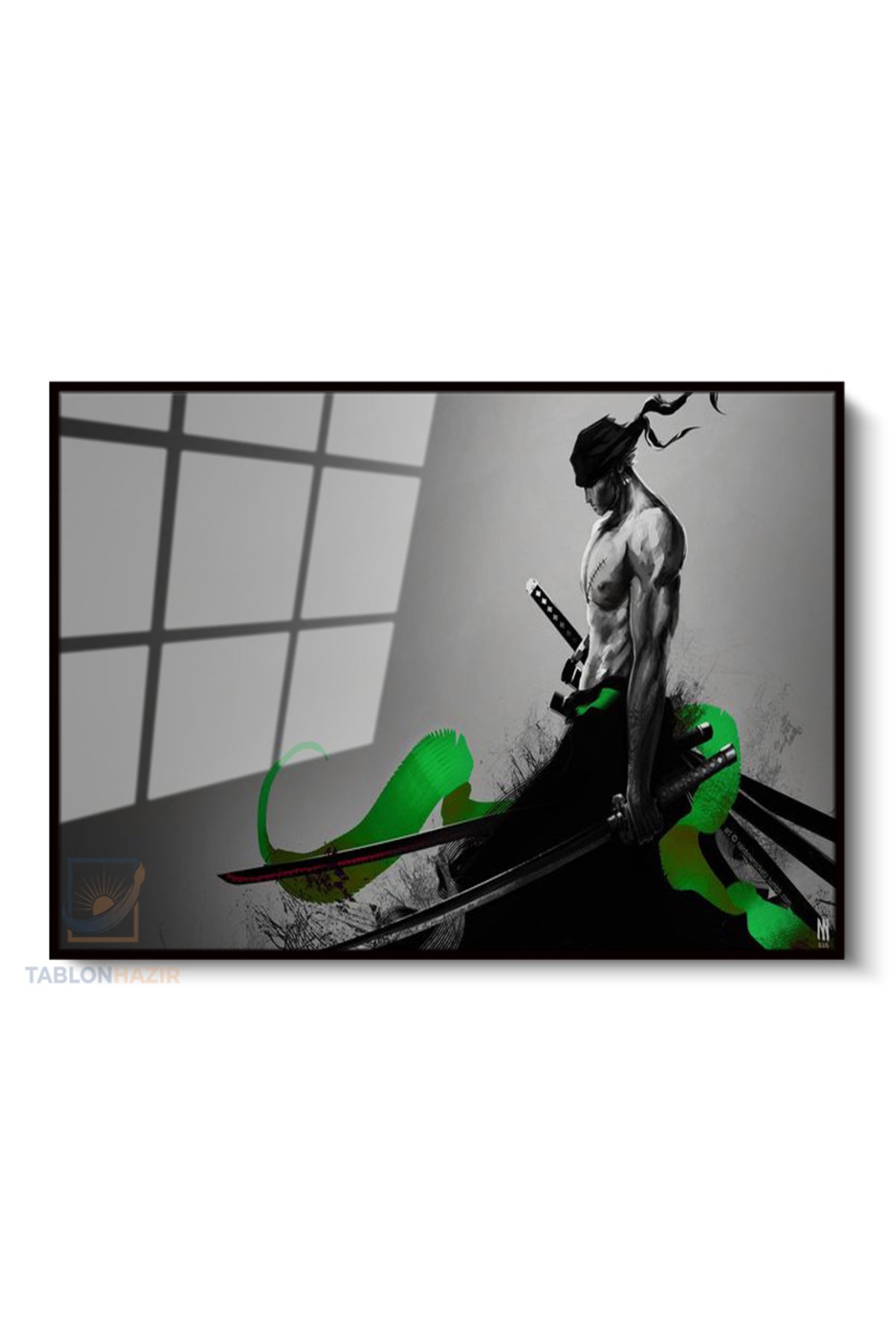 Çerçeveli Yatay Cam Tablo Salon Duvar Tablosu Yatay Cam Anime Zoro Yeni Ev Hediyesi Ofis Tablosu