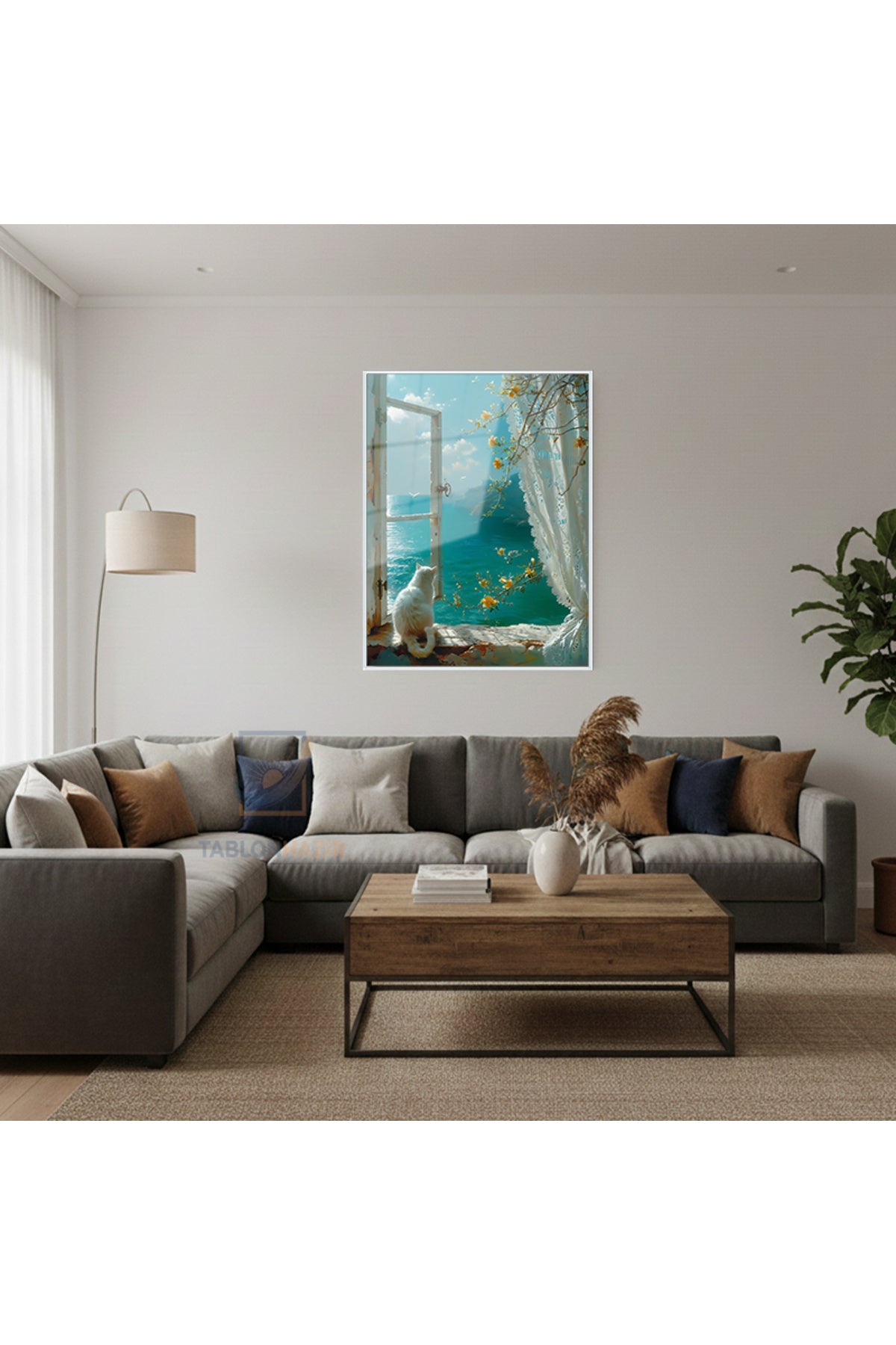 Dikey Çerçeveli Cam Camdaki Kedi Manzara Modern Ev Dekoru Duvar Sanatı Ev Ofis Tablosu