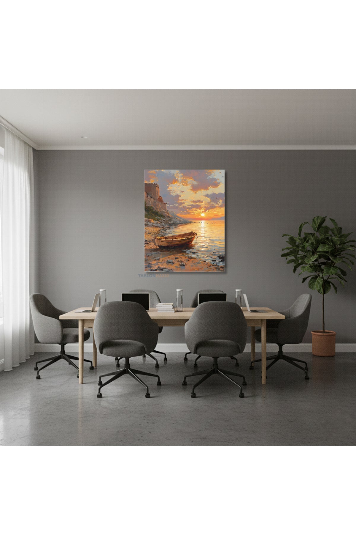 Dikey Kanvas Tablo Salon Duvar Tablosu Gunbatimi Ve KAyık Yeni Ev Hediyesi Ofis Tablosu