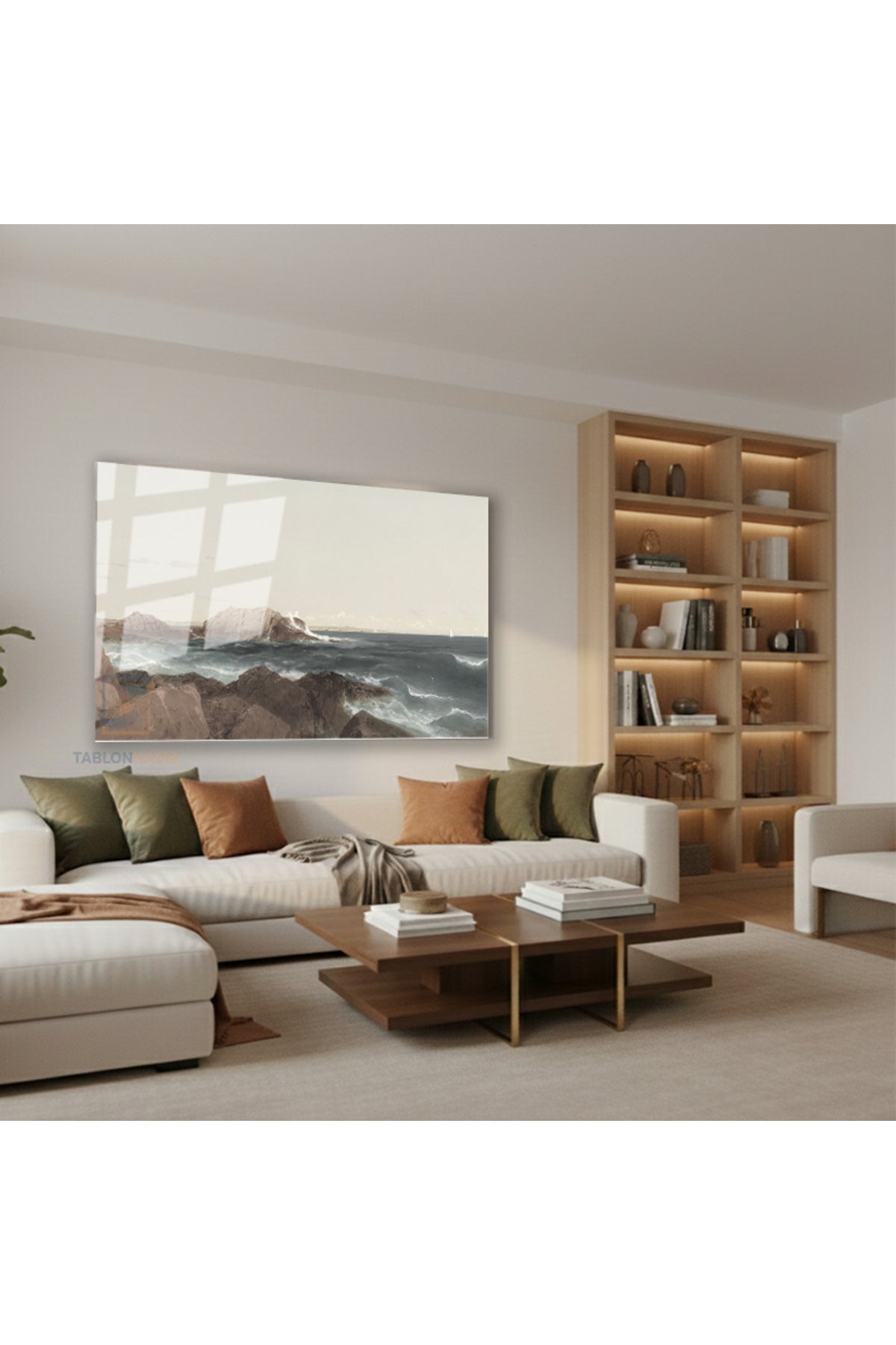 Yatay Cam Tablo Salon Duvar Tablosu Yatay Cam Kayalıklarvedeniz Yeni Ev Hediyesi Ofis Tablosu