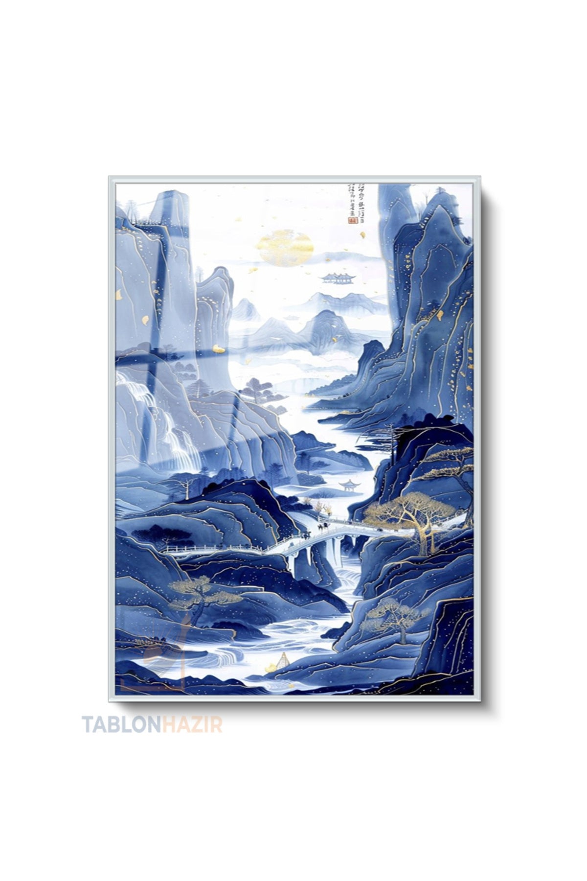 Dikey Çerçeveli Cam Mavi Japon Manzara Modern Ev Dekoru Duvar Sanatı Ev Ofis Tablosu