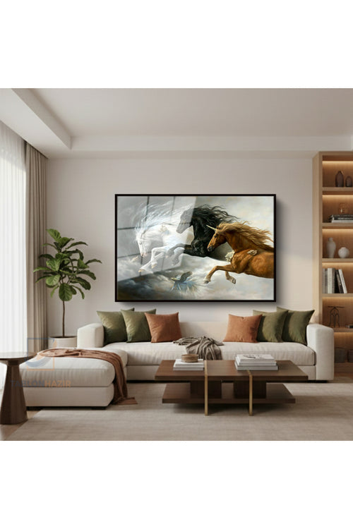 Çerçeveli Yatay Cam Tablo Salon Duvar Tablosu Yatay Cam 3At Yeni Ev Hediyesi Ofis Tablosu