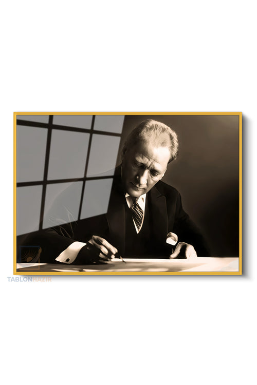 Çerçeveli Yatay Cam Tablo Salon Duvar Tablosu Yatay Cam Ataturk Yazi Yazarken Ofis Tablosu
