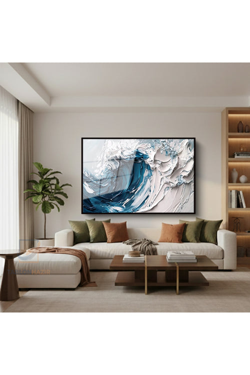 Çerçeveli Yatay Cam Tablo Salon Duvar Tablosu Yatay Cam Beyaz Mavi Soyut Ofis Tablosu