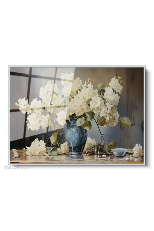 Çerçeveli Yatay Cam Tablo Salon Duvar Tablosu Yatay Cam Vazodabeyazcicekler2 Ofis Tablosu