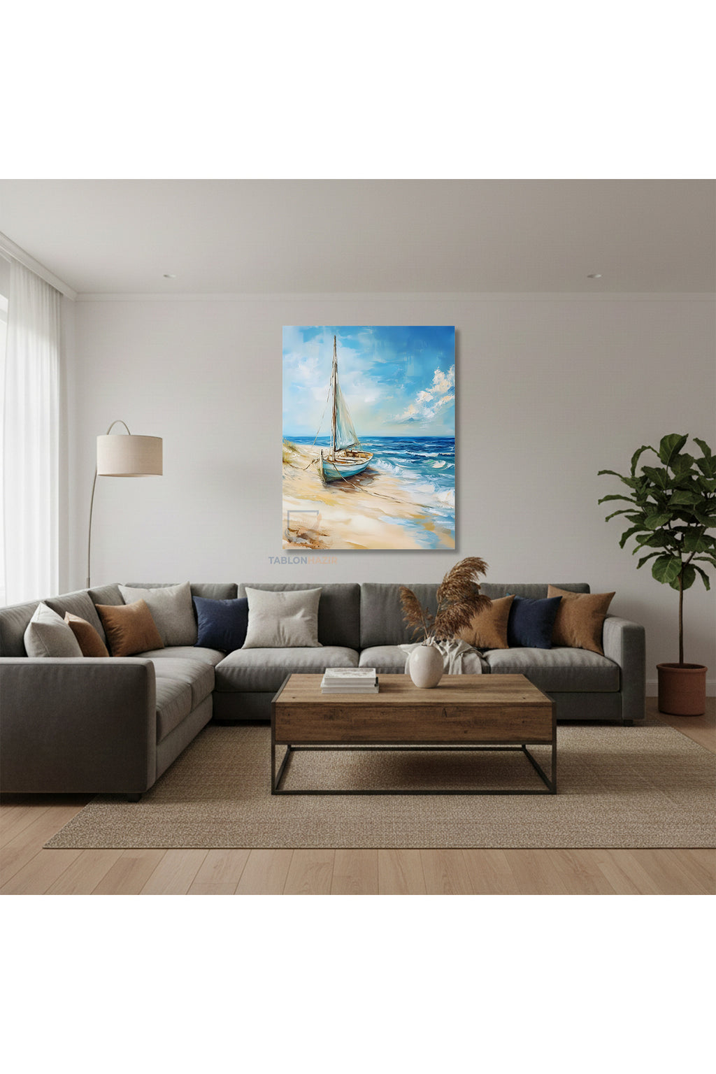 Dikey Kanvas Tablo Salon Duvar Tablosu Kiyiya Oturan Yelkenli Yeni Ev Hediyesi Ofis Tablosu