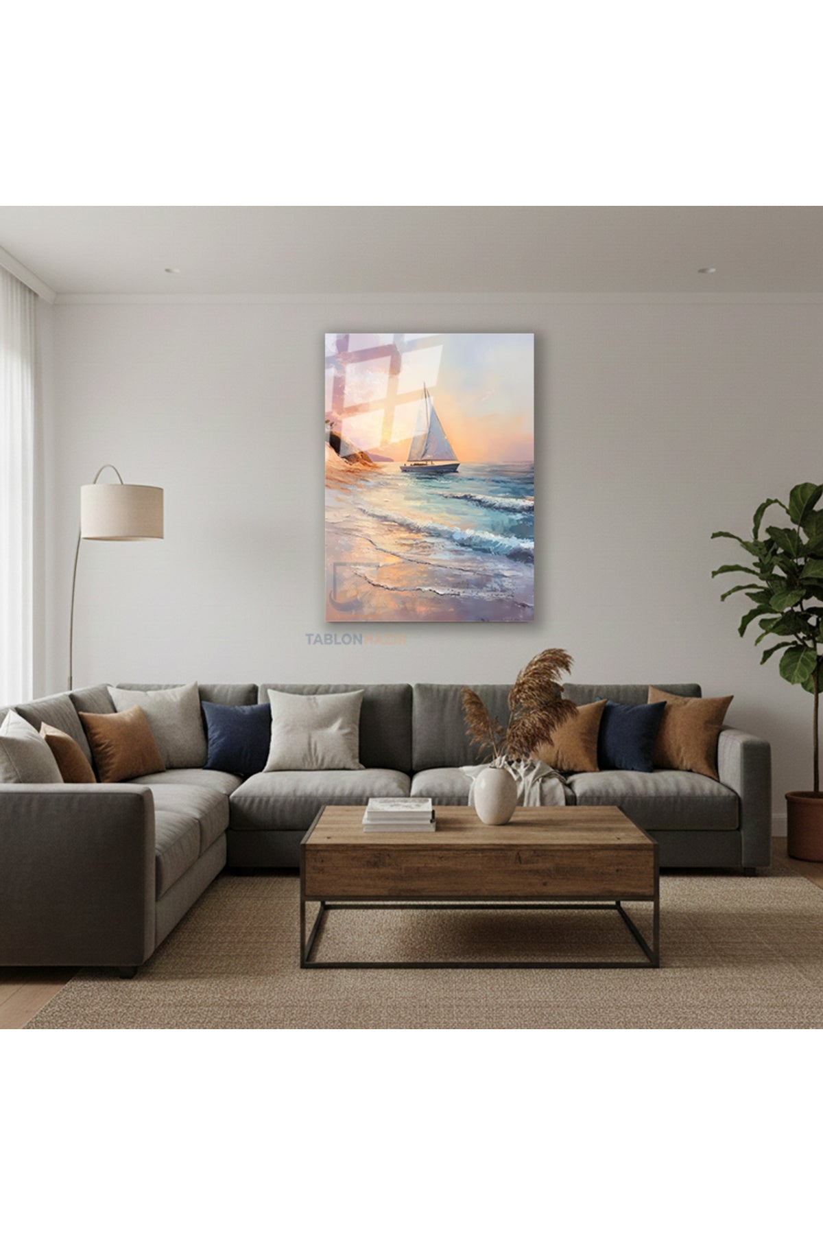 Dikey Cam Tablo Salon Duvar Tablosu Dikey Cam Kumsal Ve Yelkenli Yeni Ev Hediyesi Ofis Tablosu