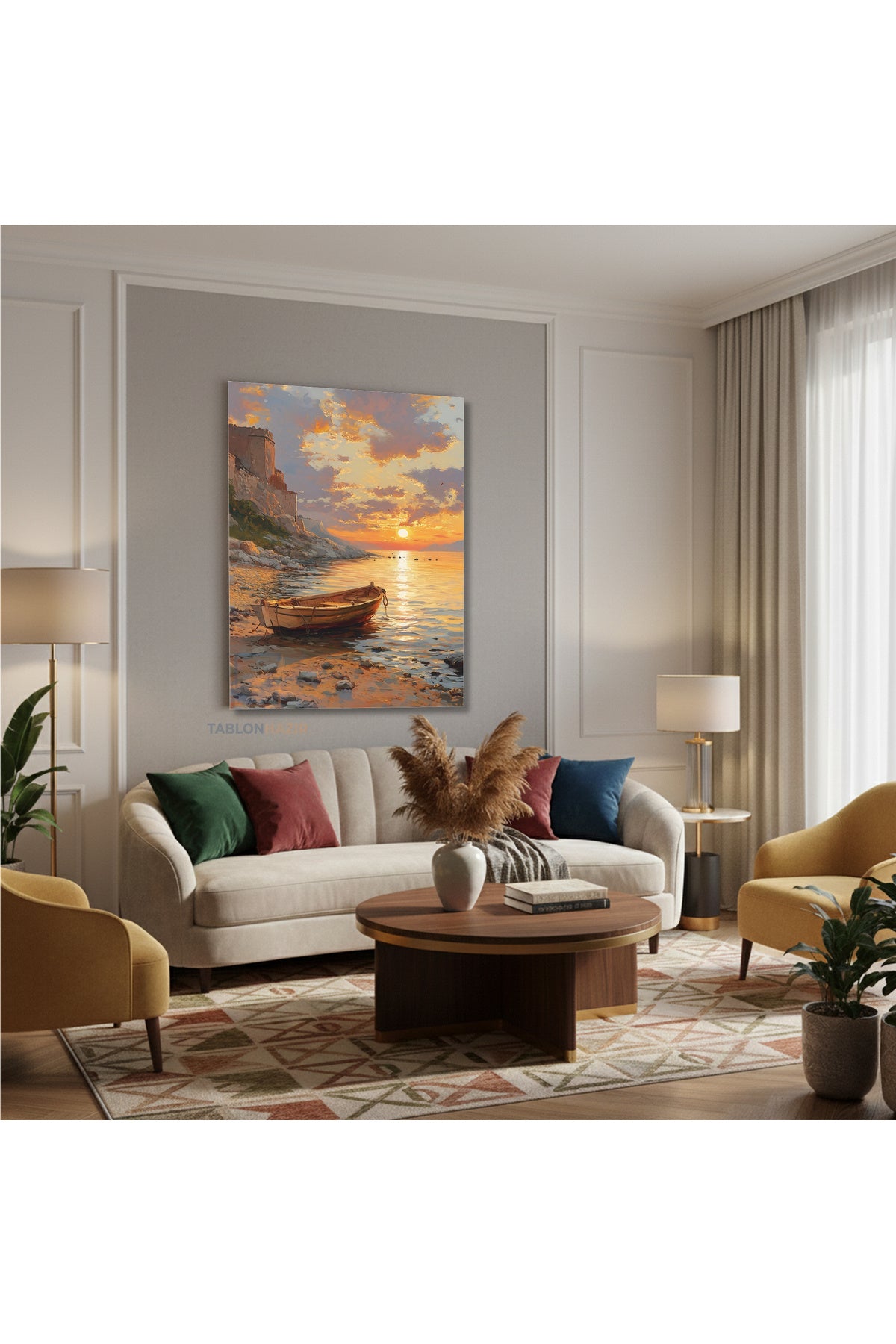 Dikey Kanvas Tablo Salon Duvar Tablosu Gunbatimi Ve KAyık Yeni Ev Hediyesi Ofis Tablosu