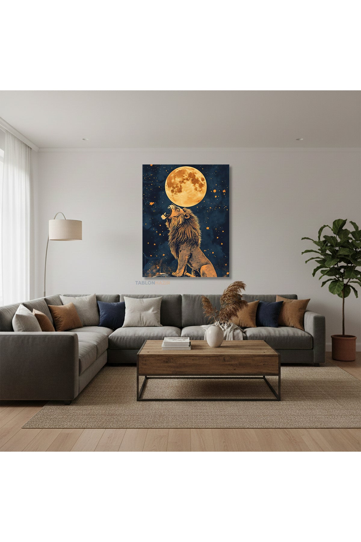 Dikey Kanvas Tablo Salon Duvar Tablosu Aslan Ve Ay Yeni Ev Hediyesi Ofis Tablosu