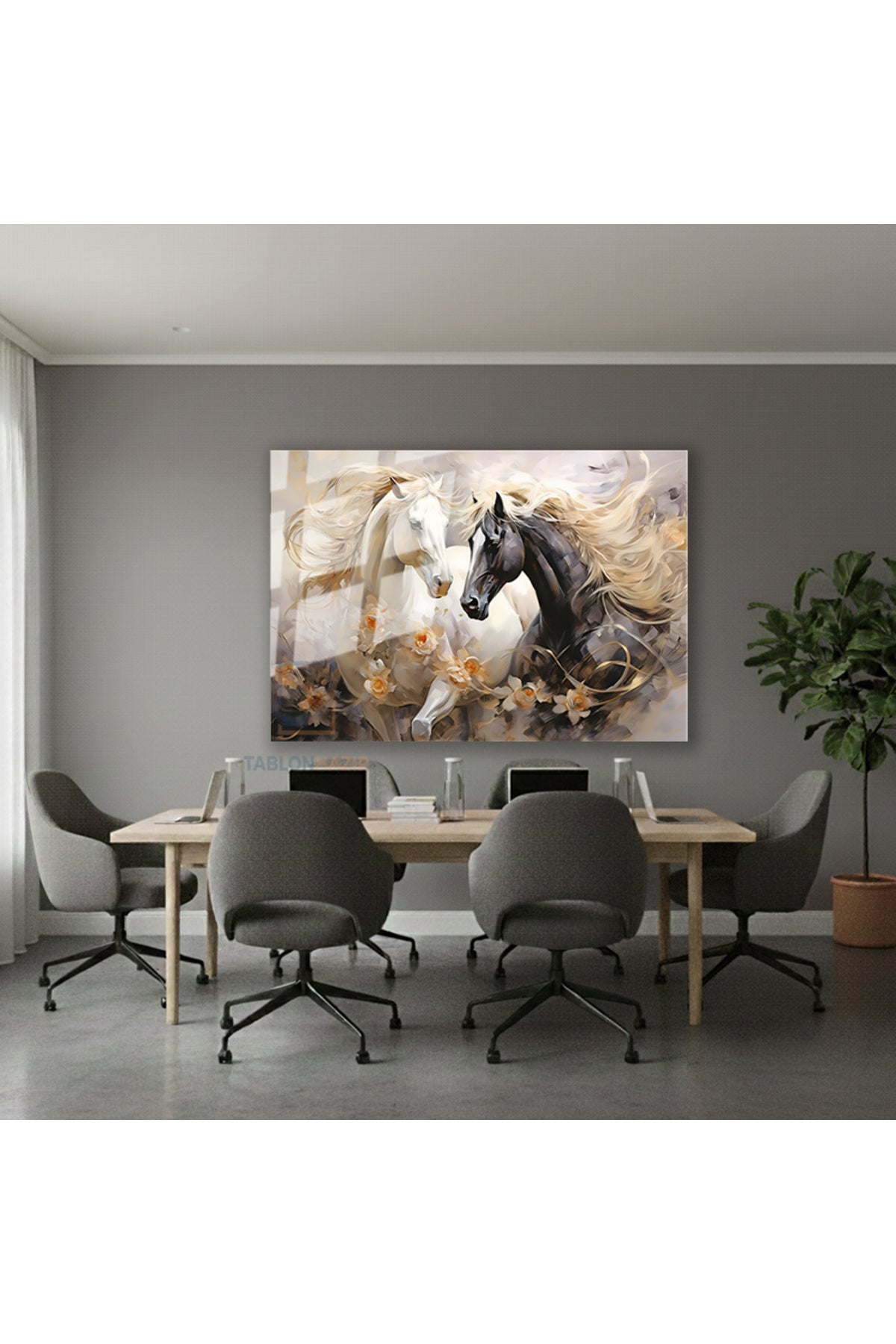 Yatay Cam Tablo Salon Duvar Tablosu Yatay Cam Cift At Siyahbeyaz Yeni Ev Hediyesi Ofis Tablosu