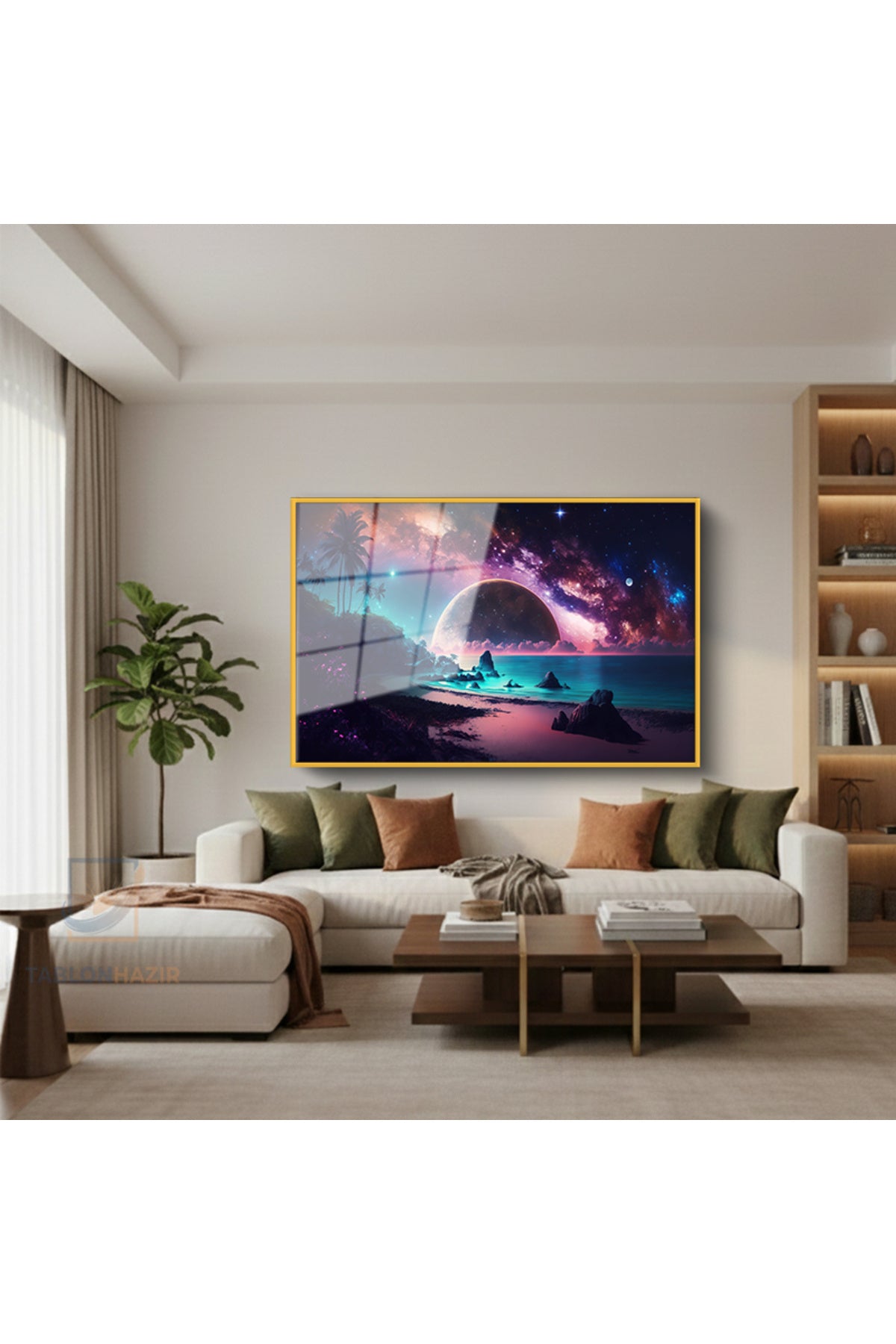 Çerçeveli Yatay Cam Tablo Salon Duvar Tablosu Yatay Cam Evren Gezegenler Ofis Tablosu