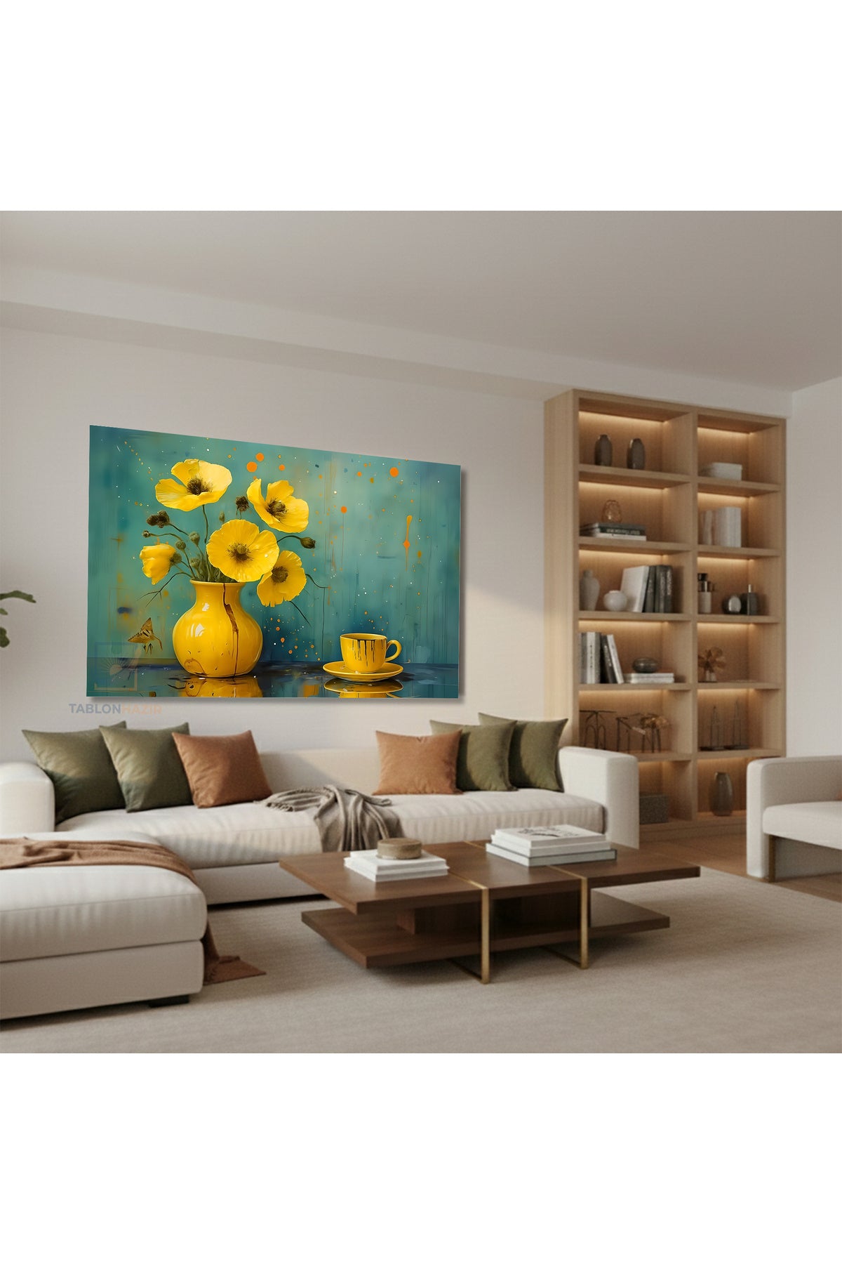 Yatay Kanvas Duvar Tablosu Sari Vazo Fincan Salon Tablosu Ofis Tablosu Yeni Ev Hediyesi Dekorasyon