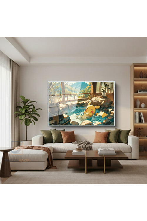 Çerçeveli Yatay Cam Tablo Salon Duvar Tablosu Yatay Cam Anime Pica Keyif Ofis Tablosu