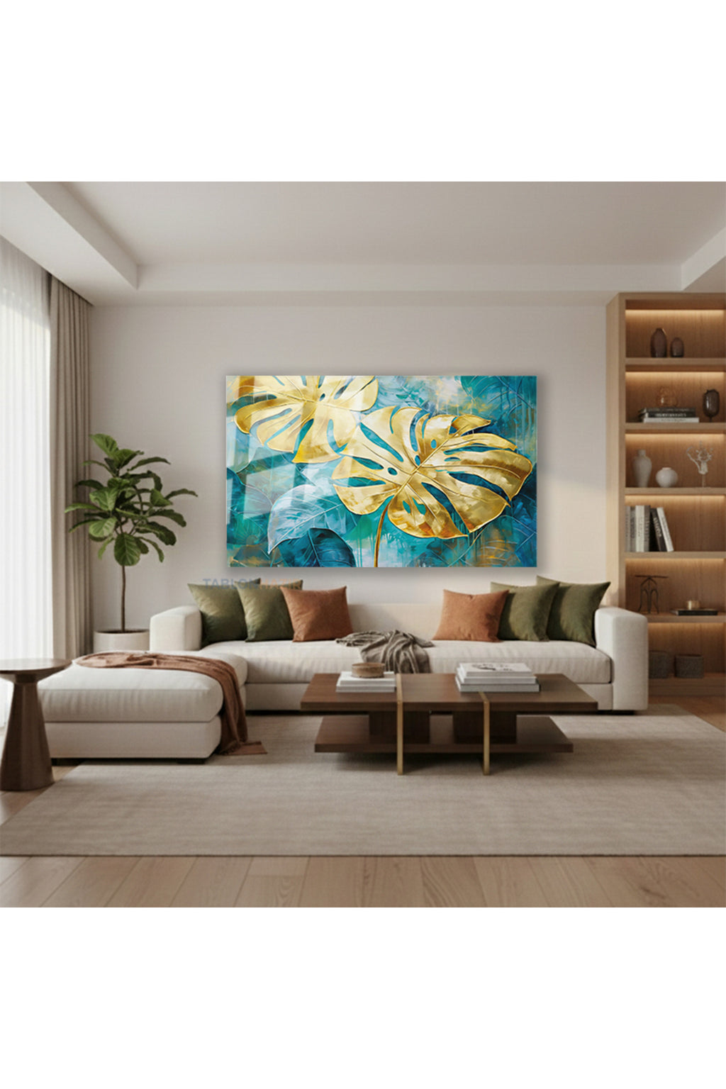 Yatay Cam Tablo Salon Duvar Tablosu Yatay Cam Altinyaprakmavi Yeni Ev Hediyesi Ofis Tablosu