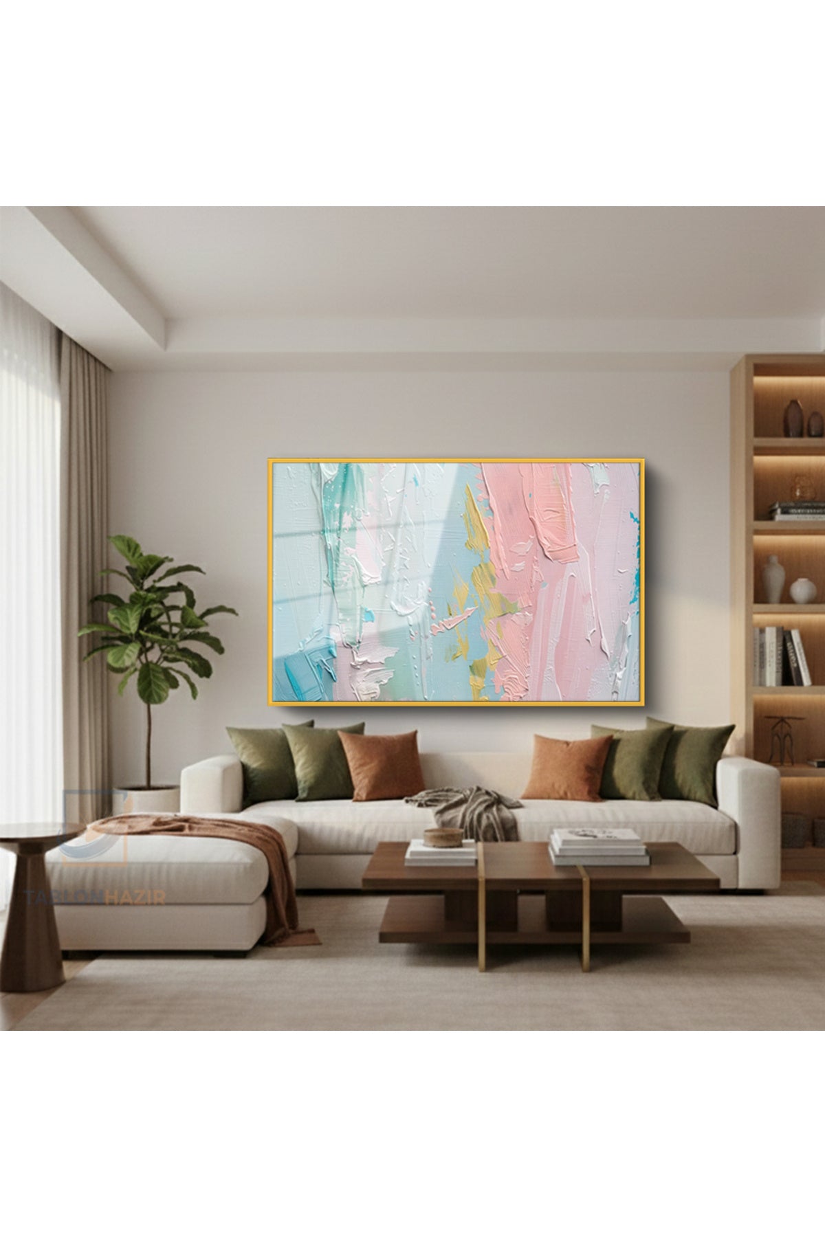 Çerçeveli Yatay Cam Tablo Salon Duvar Tablosu Yatay Cam Pastel Renkler Soyut Ofis Tablosu