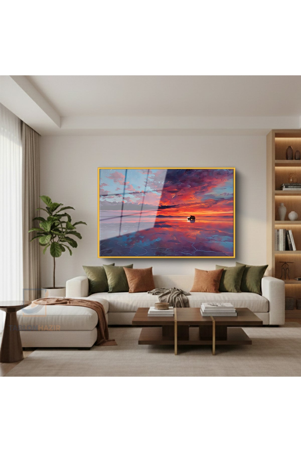 Çerçeveli Yatay Cam Tablo Salon Duvar Tablosu Yatay Cam Gunbatimirenkleri Ofis Tablosu