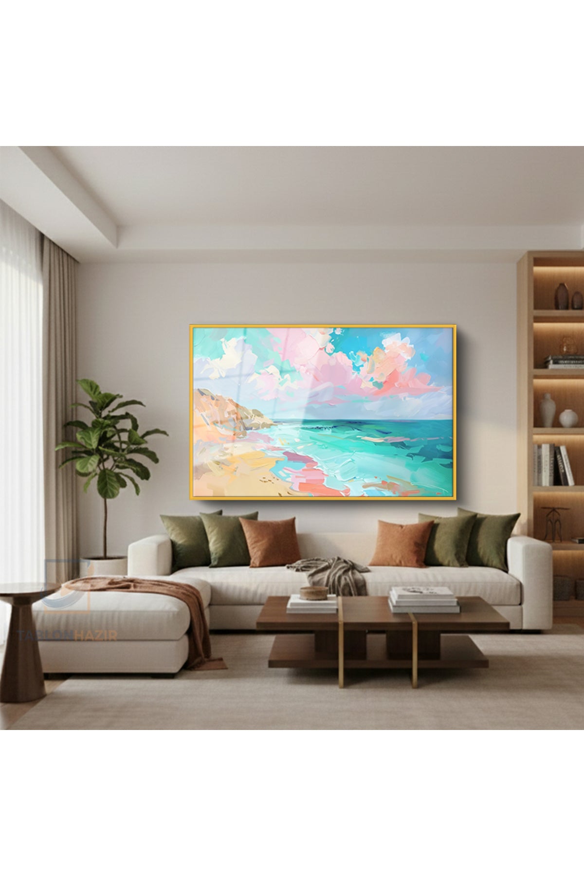 Çerçeveli Yatay Cam Tablo Salon Duvar Tablosu Yatay Cam Pastel Manzara Yeni Ev Hediyesi Ofis Tablosu