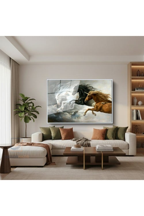 Çerçeveli Yatay Cam Tablo Salon Duvar Tablosu Yatay Cam 3At Yeni Ev Hediyesi Ofis Tablosu