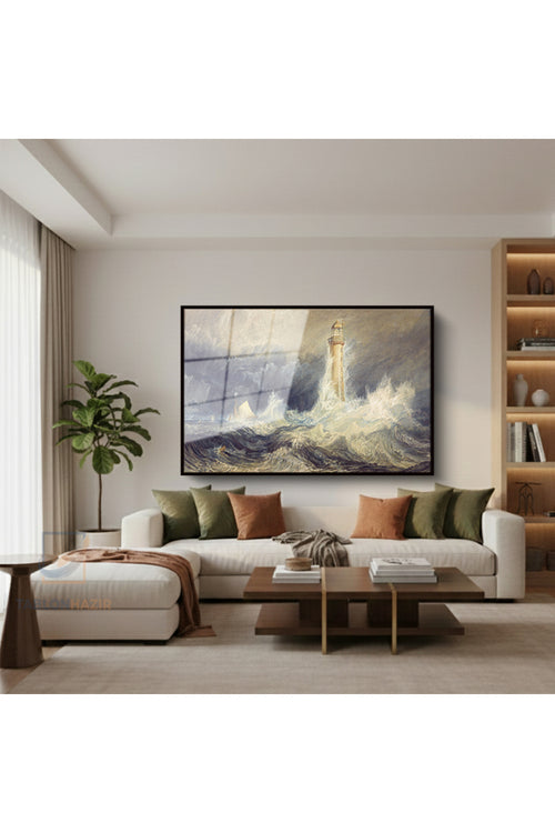 Çerçeveli Yatay Cam Tablo Salon Duvar Tablosu Yatay Cam Bell Rock Lighthouse Ofis Tablosu