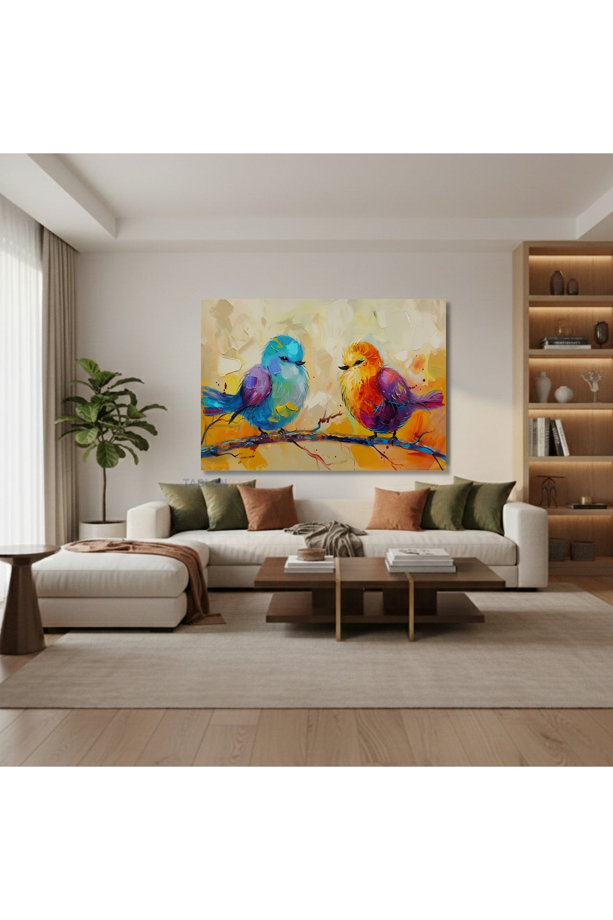 Yatay Kanvas Duvar Tablosu Turuncu Mavi Kuslar Salon Tablosu Ofis Tablosu Ev Hediyesi Dekorasyon
