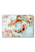 Çerçeveli Yatay Cam Tablo Salon Duvar Tablosu Yatay Cam Mavi Turuncu Koi Ofis Tablosu