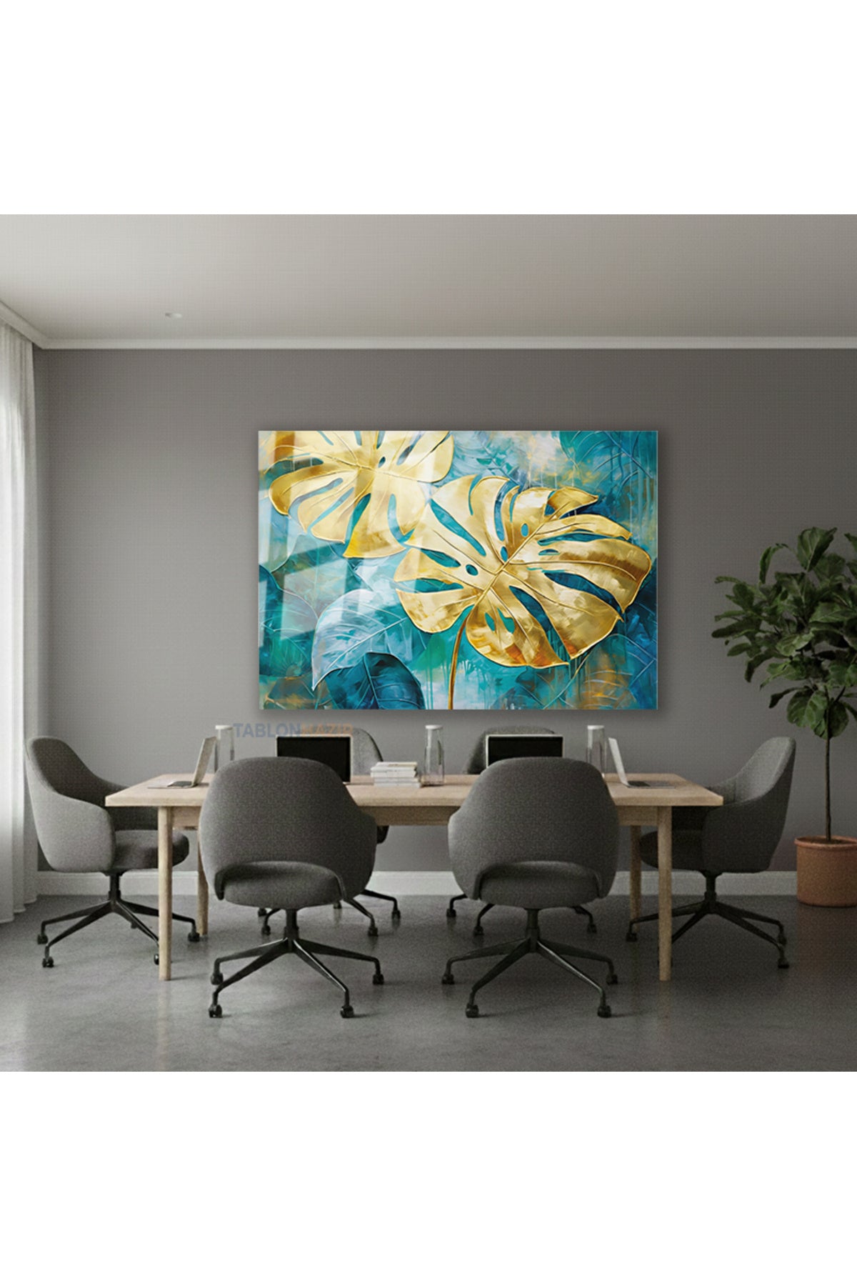 Yatay Cam Tablo Salon Duvar Tablosu Yatay Cam Altinyaprakmavi Yeni Ev Hediyesi Ofis Tablosu