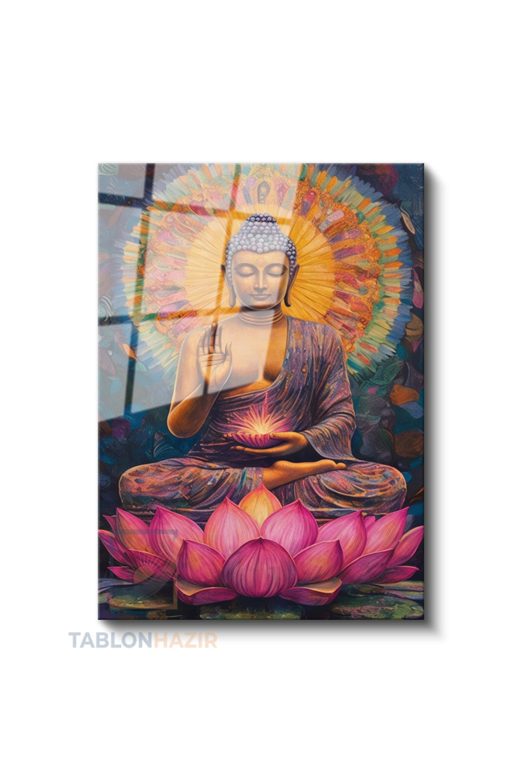 Dikey Cam Tablo Salon Duvar Tablosu Dikey Cam Lotus Buddha Yeni Ev Hediyesi Ofis Tablosu