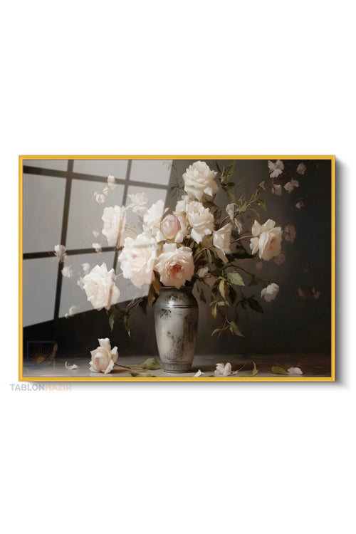 Çerçeveli Yatay Cam Tablo Salon Duvar Tablosu Yatay Cam Vazodabeyazguller Ofis Tablosu
