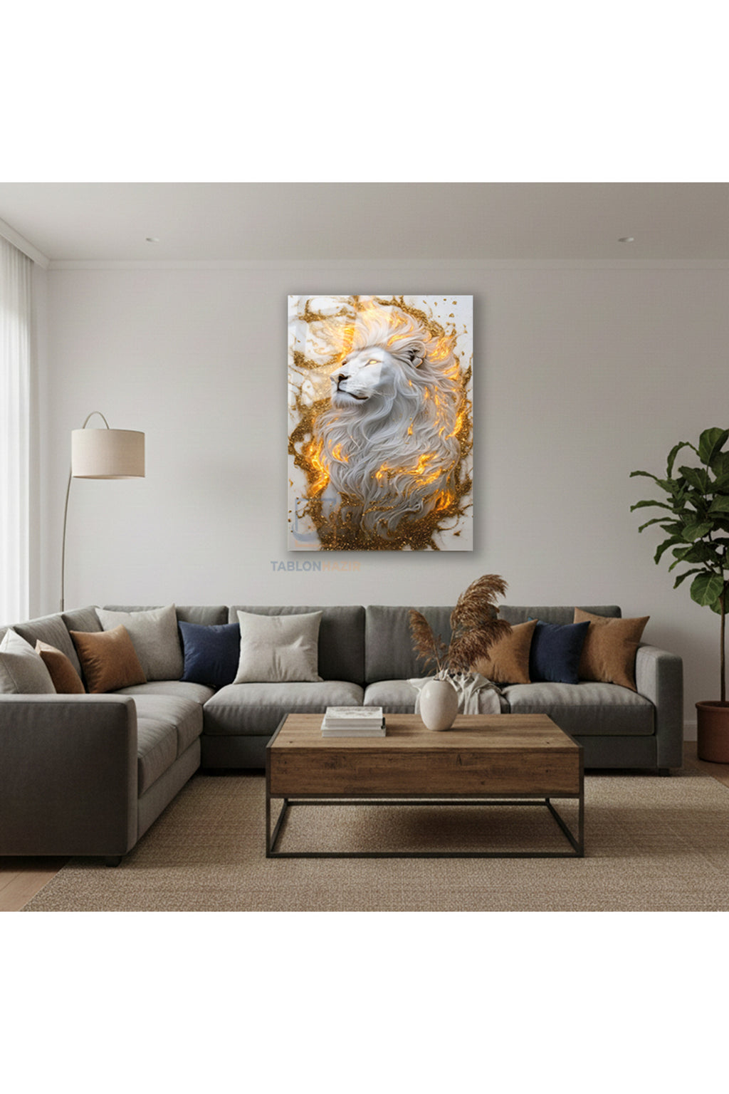 Dikey Cam Tablo Salon Duvar Tablosu Dikey Cam Beyaz Aslan Yeni Ev Hediyesi Ofis Tablosu