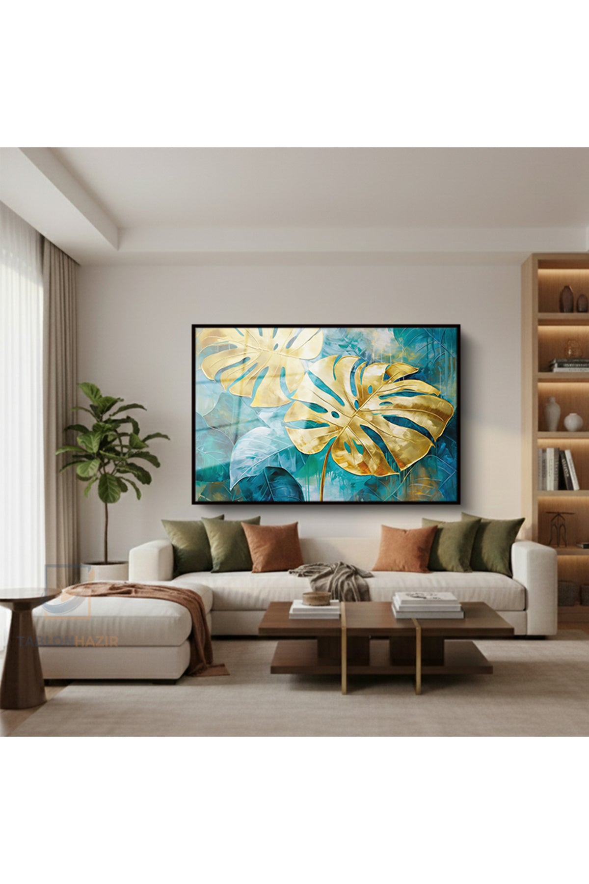 Çerçeveli Yatay Cam Tablo Salon Duvar Tablosu Yatay Cam Altinyaprakmavi Ofis Tablosu