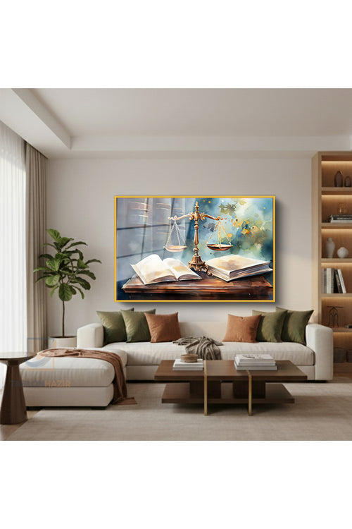 Çerçeveli Yatay Cam Tablo Salon Duvar Tablosu Yatay Cam Adalet Hukuk Terazi Ofis Tablosu