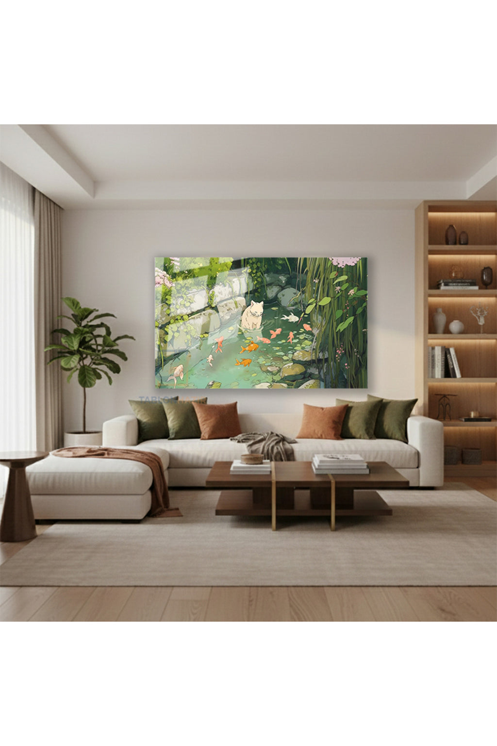 Yatay Cam Tablo Salon Duvar Tablosu Sevimli Beyaz Kedi Yeni Ev Hediyesi Ofis Tablosu